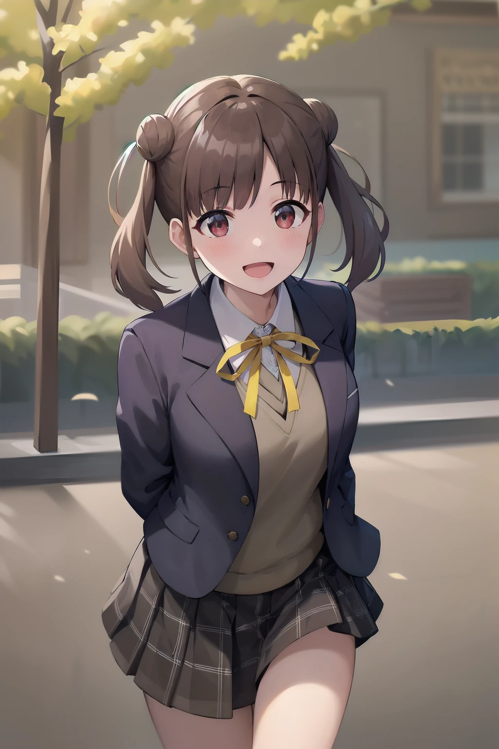 masterpiece, best quality, highres, aachiyoko, double bun, twintails, neck ribbon, yellow ribbon, collared shirt, sweater vest, blazer, black jacket, open clothes, long sleeves, plaid skirt, brown skirt, outdoor, cherry blossoms, smile, leaning forward, standing, cowboy shot, open mouth, arms behind back,