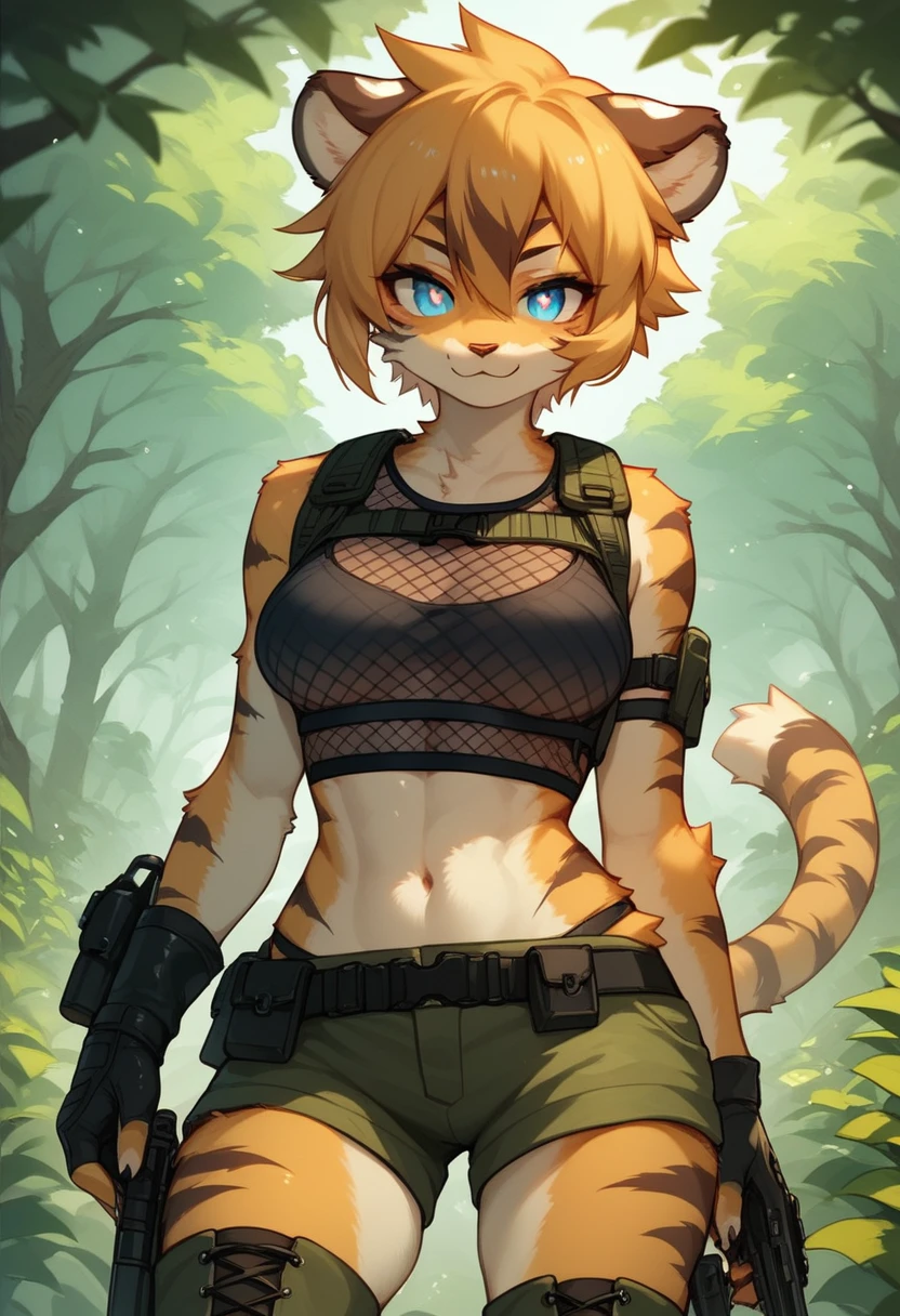 score_9, score_8_up) score_7_up, score_6_up, solo, tiger, kemono, anthro, cute, short hair, blue eyes, white pupils, sexy, orange fur, shorts, tactical harness, thigh high boots, assassin girl, sleeveless, (mesh croptop:1.2), tactical gloves, medium breasts, , forest background,