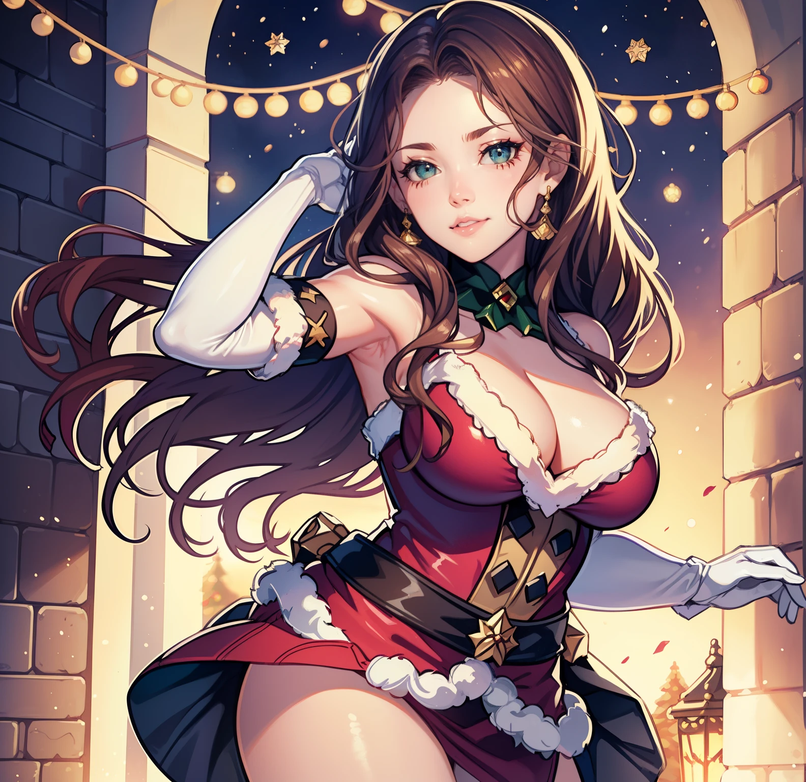 1girl, solo, masterpiece, best quality, high res, highly detailed, (illustration), beautiful detailed eyes, dorothea ,glossy lips, light makeup, warm smile, long white satin elbow gloves ,cowboy shot, (santa), red santa dress, full body, elbow white gloves, long white gloves with a big breasts visible in front 