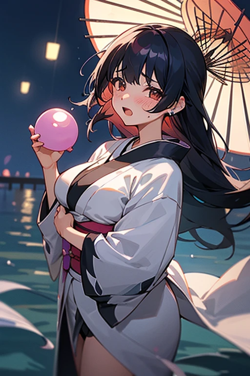 one girl, solo, long hair, breasts, very large breasts, looking at viewer, blushing, open mouth, bangs, black hair, outdoors, kimono, open clothes, tears, kimono, clothes pulled up, night, piercing, yukata, vibrator, open kimono, water balloon yo-yo on nipple, water balloon yo-yo hanging from nipple