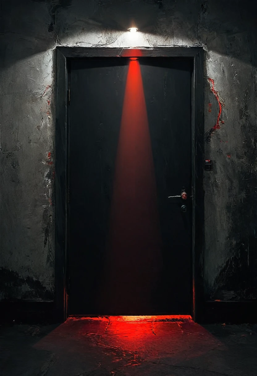 Absolute darkness, a black wall. At the end of the wall, an open door, a red light coming out, an intense red light.