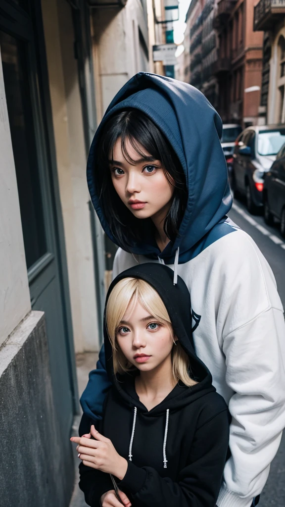 girl, black haired woman in a black hoodie with a blonde, blue eyed MAN next to her