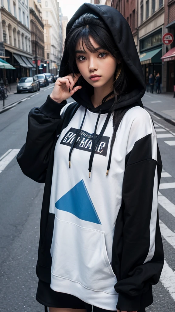 girl, black haired woman in a black hoodie with a blonde, blue eyed MAN next to her