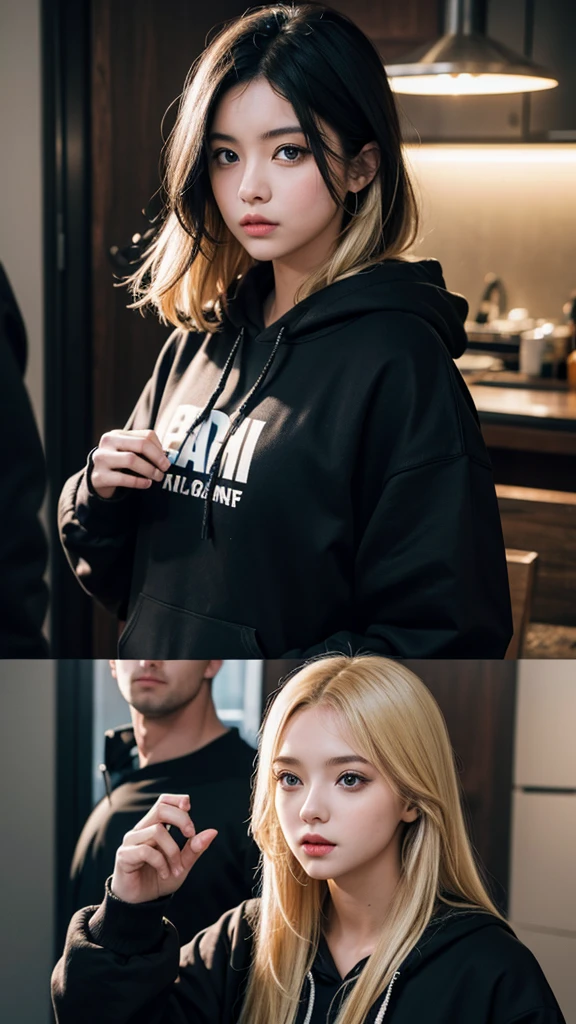 girl, black haired woman in a black hoodie with a blonde, blue eyed MAN next to her