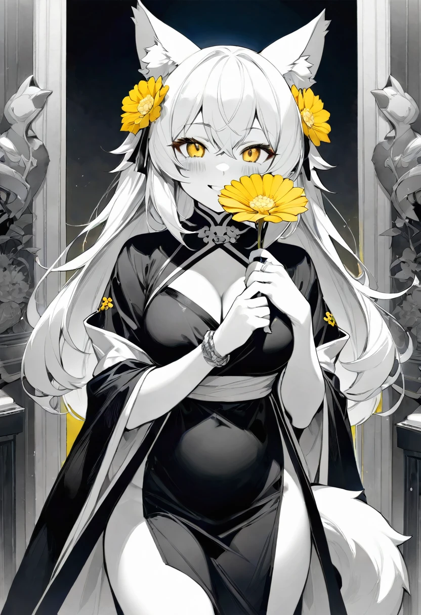 monochrome, watercolor, highres, top quality, best quality, paid reward available, High-quality illustrations, unparalleled masterpiece, perfect artwork, absurdres, 1girl, kemono, furry, detailed body fur, animal face, animal hand, Archaic Smile, holding a cluster of  yellow flower in both hands, which are positioned at chest level, She is wearing a simple ring on the ring finger of her left hand, unfocused spread of yellow flower, fan-created work shared on platforms Pixiv or Twitter,