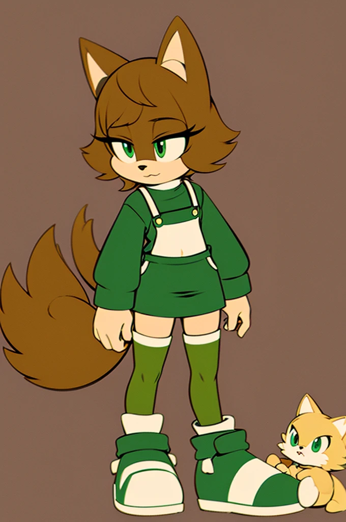 female cat character, Sonic OC, with overall brown fur and beige color on her snout and belly, emerald eyes and fluffy hair tuff, wearing a green jacket and a lime skirt with white fluffy brims, wears thigh high socks and simple green shoes