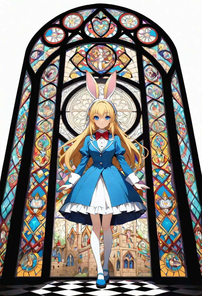 Masterpiece, medieval times, mystical, Alice in Wonderland, 1girl, Rabbit in a suit, Sil Off from Isometric Anime, stain glass, On White Background, Geometric composition,
