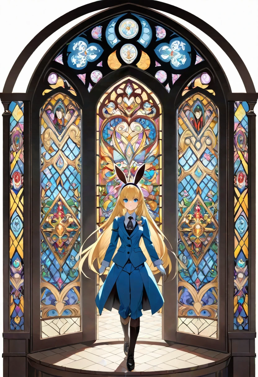 Masterpiece, medieval times, mystical, Alice in Wonderland, 1girl, Rabbit in a suit, Sil Off from Isometric Anime, stain glass, On White Background, Geometric composition,
