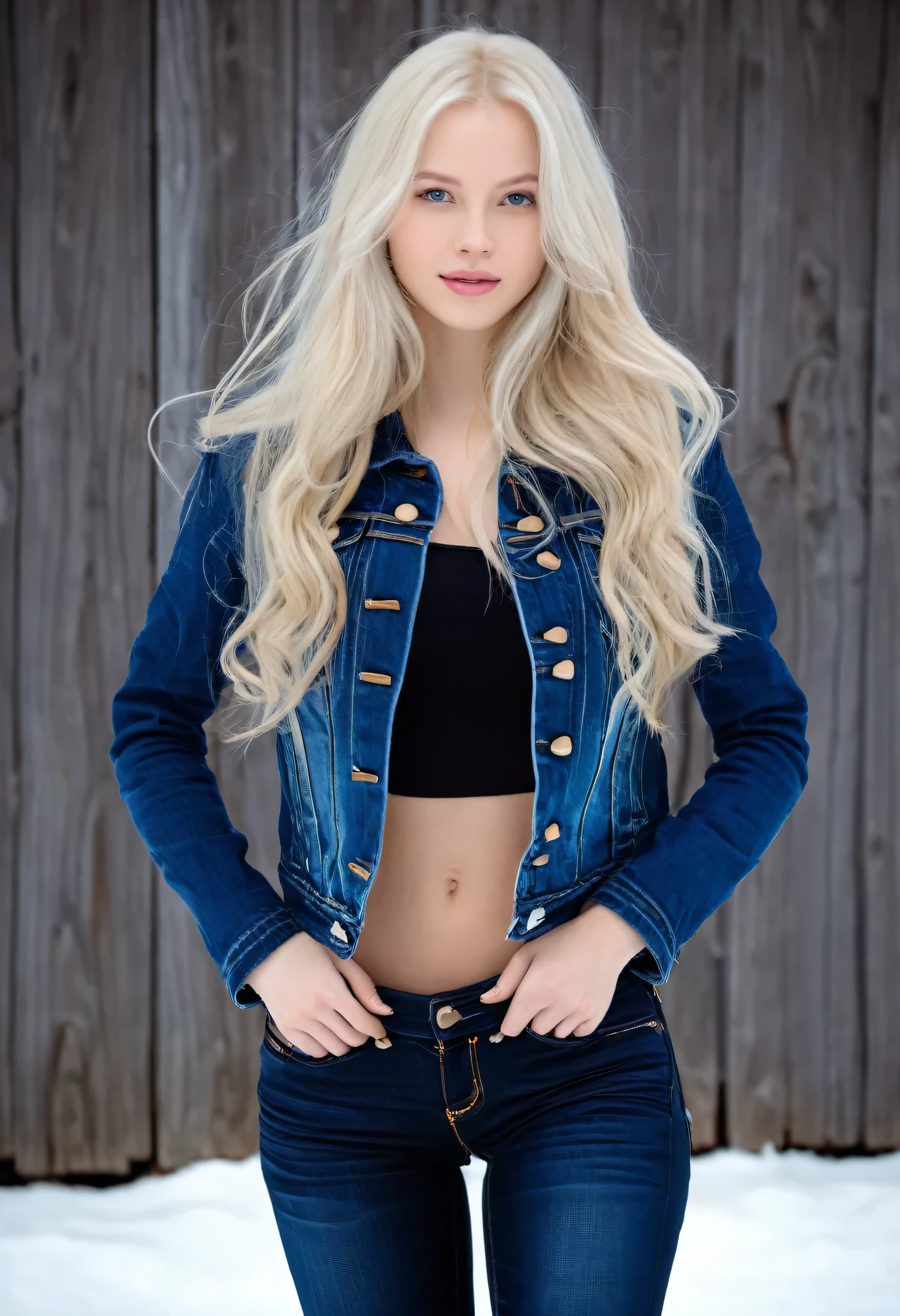 one woman, woman with long blonde hair and a jeans jacket and jeans legging posing for a picture, wearing a jeans jacket and jeans legging, a beautiful woman in black, gorgeous lady, blonde, cute woman, gorgeous woman, jaw dropping beauty, beautiful blonde woman, beautiful blonde girl, a gorgeous blonde, with long blonde hair, blonde beautiful young woman, beautiful sexy woman photo, anna nikonova aka newmilky, sexy young woman, blonde and attractive featurelonde woman, blonde swedish woman, yelena belova, perfect white haired girl, blonde swedish woman, with long white hair, with white long hair, white beautiful hair, beautiful nordic woman, very long snow colored hair, platinum blonde long hair, her hair white, a gorgeous blonde, long wavy white hair, white - blond hair, small round breasts, full body posture, standing woman