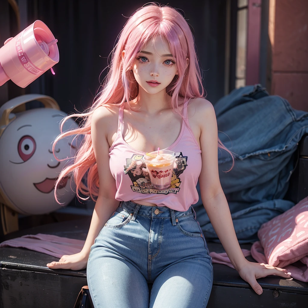 anipoma1,(masterpiece, best illustration, best manga), solo, 1girl, violet eyes, (shiny skin, soft hair), (holding a milkshake), freckles, (bright pink two tone hair:1.3), (wearing a led zepplin tshirt, denim jeans), (extreme light and shadow, volumetric lighting, rim lighting), (daylight:.5), (rainbow lights, light leak), (seductive, smirk), (solo), mangadusk1, manwha1
