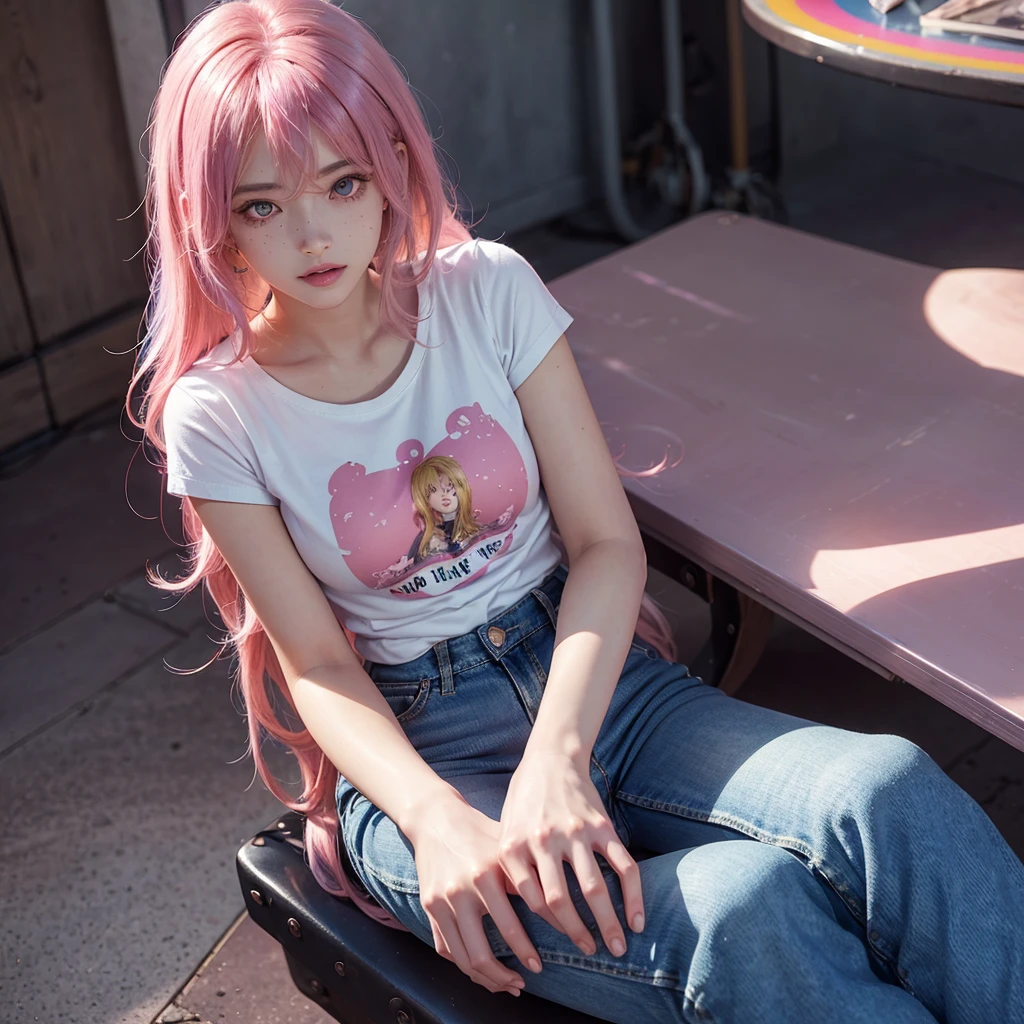 anipoma1,(masterpiece, best illustration, best manga), solo, 1girl, violet eyes, (shiny skin, soft hair), (holding a milkshake), freckles, (bright pink two tone hair:1.3), (wearing a led zepplin tshirt, denim jeans), (extreme light and shadow, volumetric lighting, rim lighting), (daylight:.5), (rainbow lights, light leak), (seductive, smirk), (solo), mangadusk1, manwha1