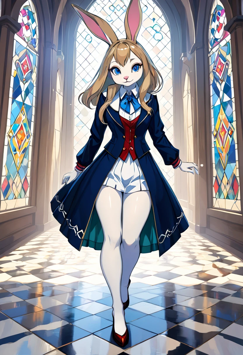 Masterpiece, medieval times, mystical, Alice in Wonderland, 1girl, Rabbit in a suit, Sil Off from Isometric Anime, stain glass, On White Background, Geometric composition,