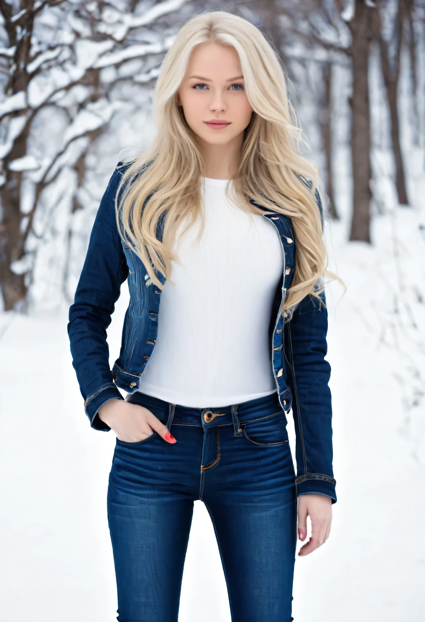 one woman, woman with long blonde hair and a jeans jacket and jeans legging posing for a picture, wearing a jeans jacket and jeans legging, a beautiful woman in black, gorgeous lady, blonde, cute woman, gorgeous woman, jaw dropping beauty, beautiful blonde woman, beautiful blonde girl, a gorgeous blonde, with long blonde hair, blonde beautiful young woman, beautiful sexy woman photo, anna nikonova aka newmilky, sexy young woman, blonde and attractive featurelonde woman, blonde swedish woman, yelena belova, perfect white haired girl, blonde swedish woman, with long white hair, with white long hair, white beautiful hair, beautiful nordic woman, very long snow colored hair, platinum blonde long hair, her hair white, a gorgeous blonde, long wavy white hair, white - blond hair, small round breasts, full body posture, standing woman