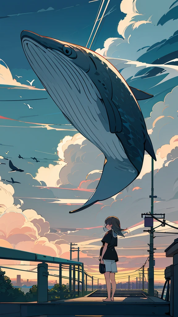 masterpiece, Exquisite detail,Highest quality,handrail, cloud,Power lines,View your viewers, Electric pole, bangs, cloudy zero, fish, bird, Green Eyes, Shorts, animal, Day, Black Shirt, barefoot,train,Railroad crossing,whale,ロングヘア