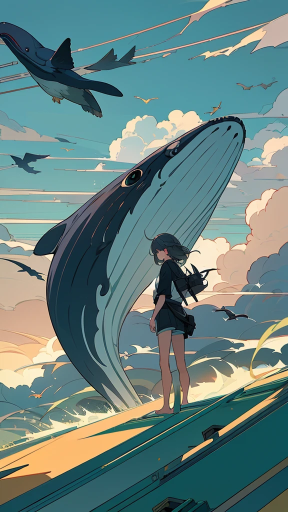 masterpiece, Exquisite detail,Highest quality,handrail, cloud,Power lines,View your viewers, Electric pole, bangs, cloudy zero, fish, bird, Green Eyes, Shorts, animal, Day, Black Shirt, barefoot,train,Railroad crossing,whale,ロングヘア
