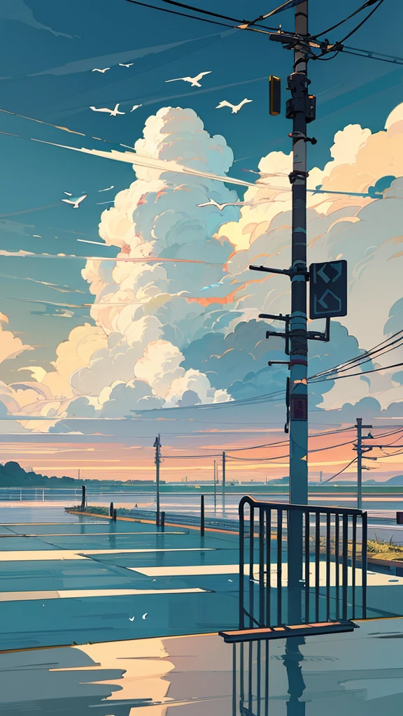 masterpiece, Exquisite detail,Highest quality,handrail, cloud,Power lines,View your viewers, Electric pole, bangs, cloudy zero, fish, bird, Green Eyes, Shorts, animal, Day, Black Shirt, barefoot,train,Railroad crossing,whale,ロングヘア