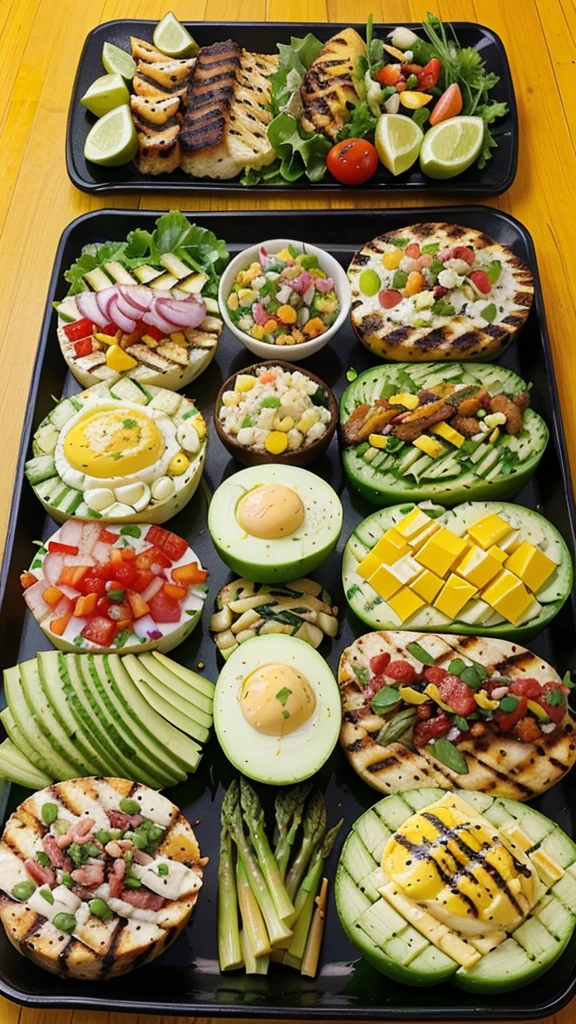 Colorful and Varied Keto Lunch Platter: A beautifully arranged platter with various keto-friendly foods, such as avocado, bacon-wrapped asparagus, deviled eggs, colorful salads, and grilled chicken. The vibrant colors and variety will catch the viewer’s eye.