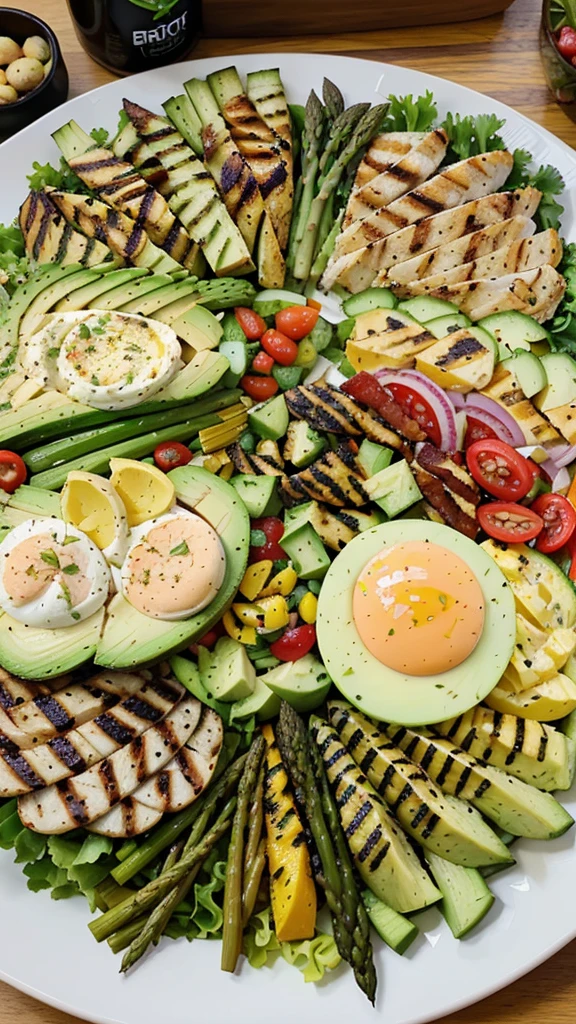 Colorful and Varied Keto Lunch Platter: A beautifully arranged platter with various keto-friendly foods, such as avocado, bacon-wrapped asparagus, deviled eggs, colorful salads, and grilled chicken. The vibrant colors and variety will catch the viewer’s eye.