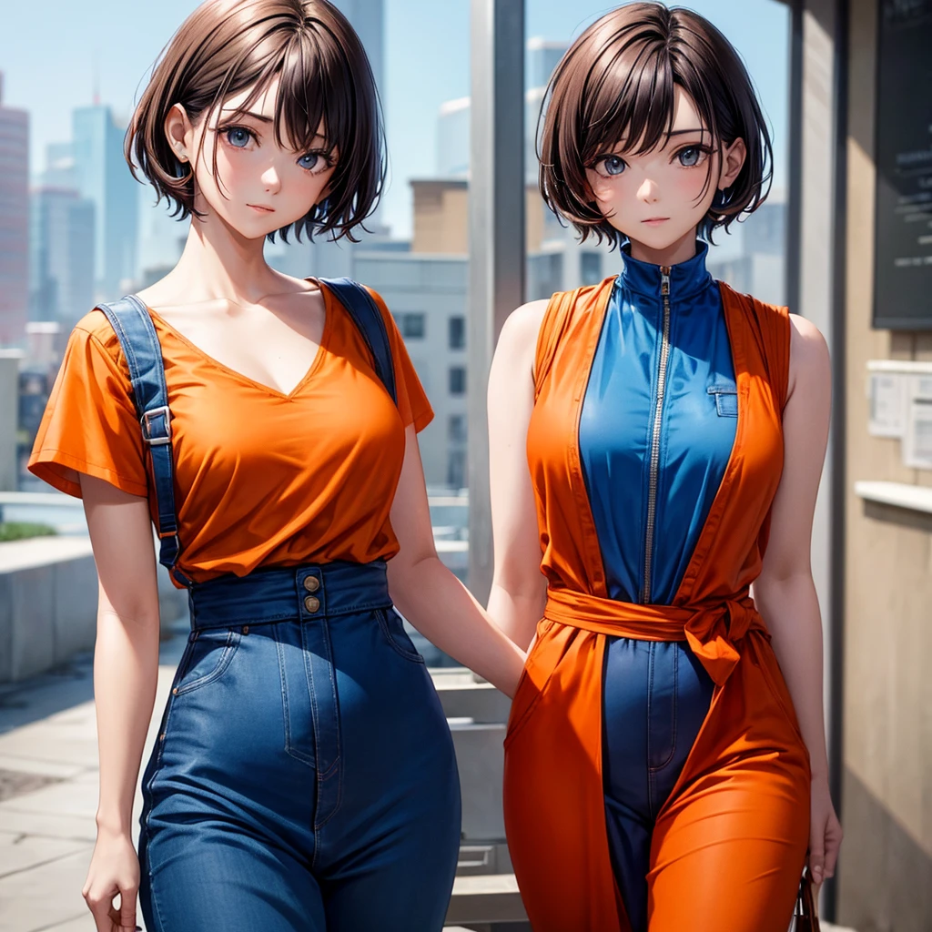 One in an orange blouse with a blue jumpsuit with short straight hair