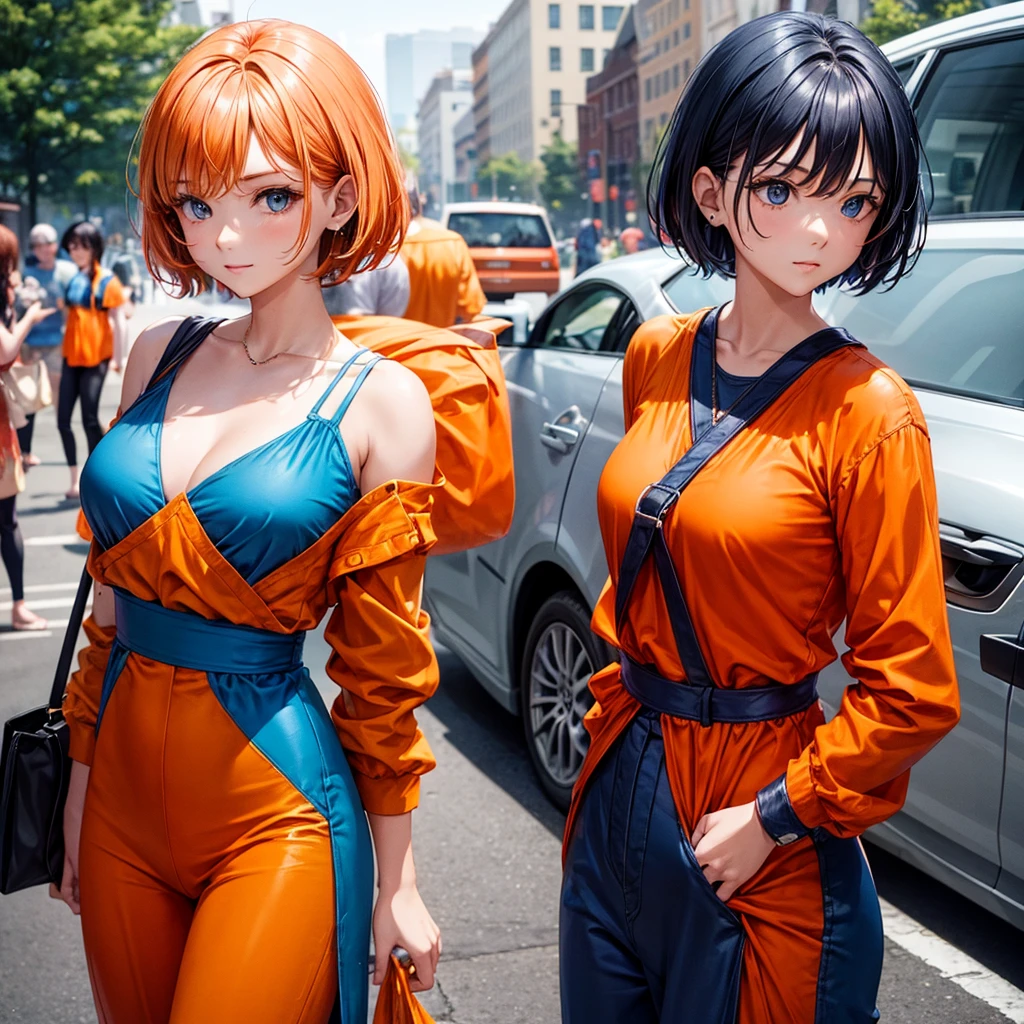 One in an orange blouse with a blue jumpsuit with short straight hair