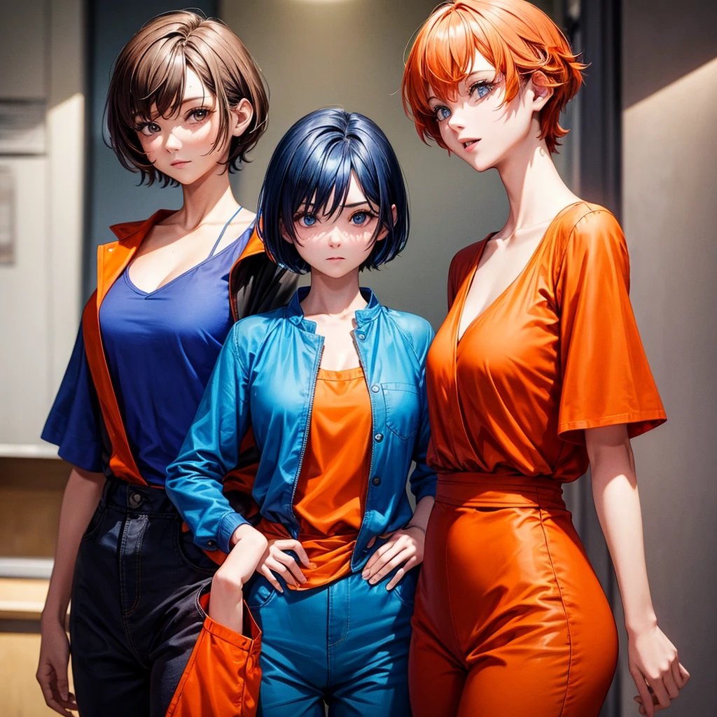One in an orange blouse with a blue jumpsuit with short straight hair