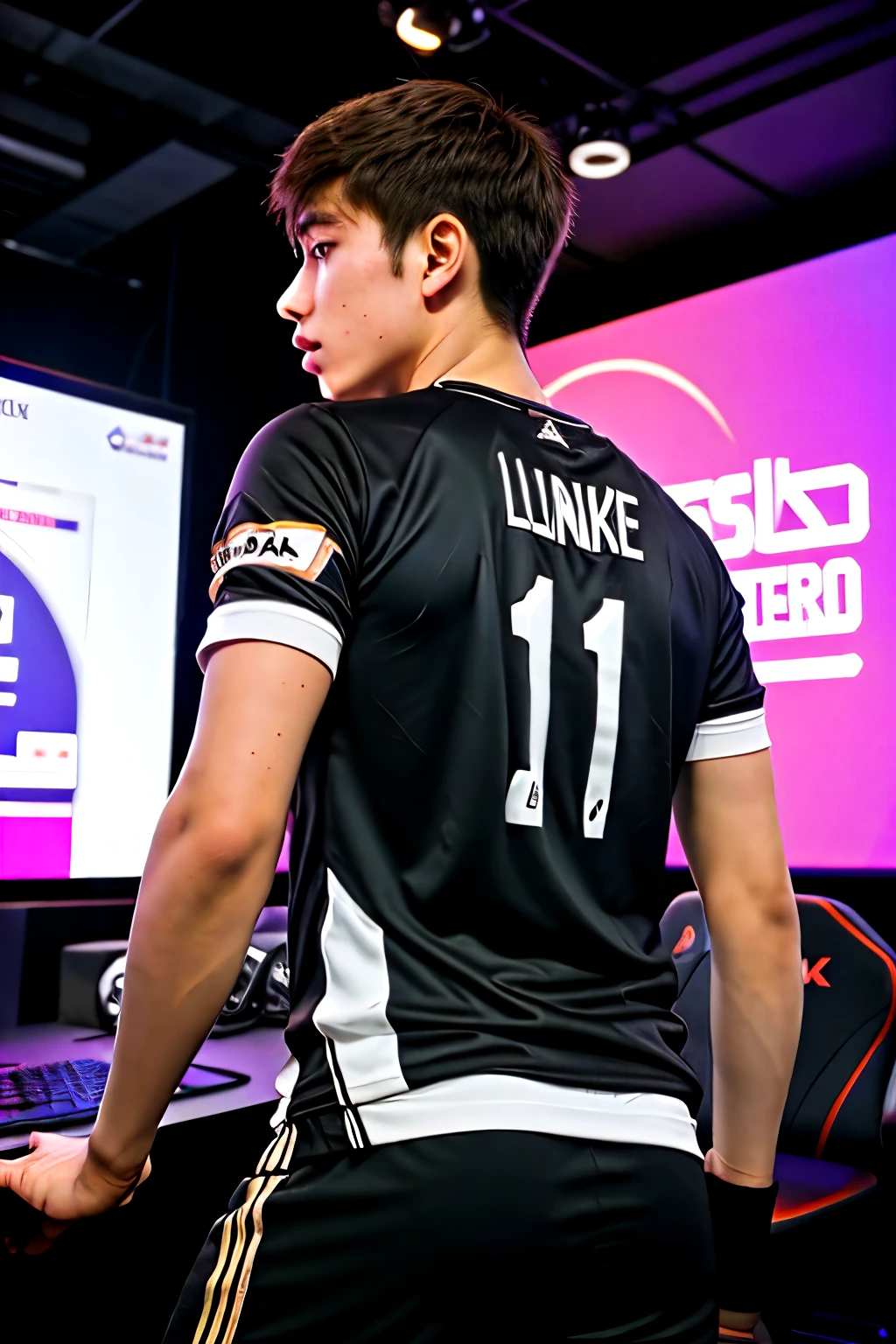 create an image with a boy looking at an esports trophy with the name PIXEL written on his back with the number 12 as his jersey number