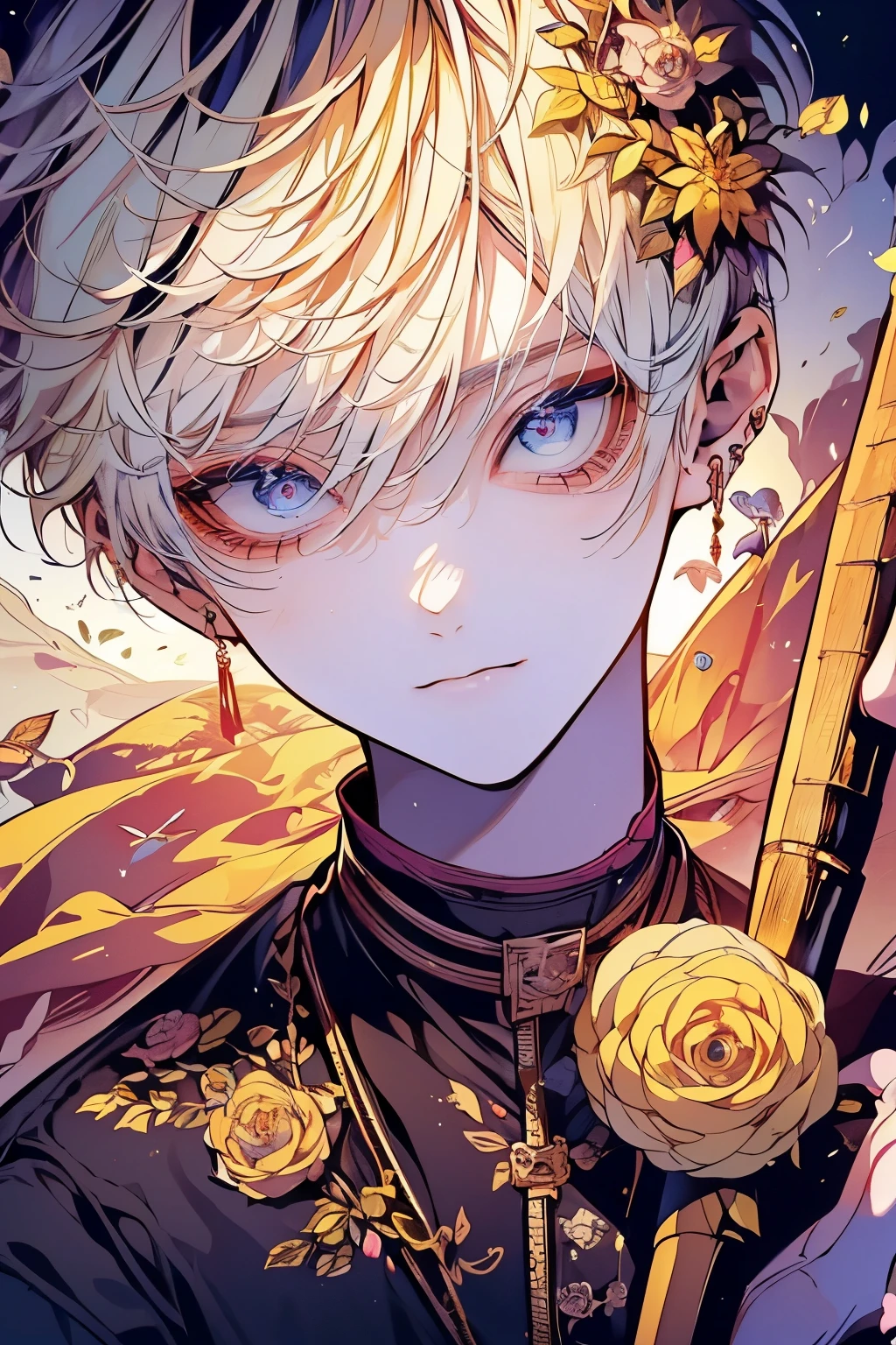 (Mastepiece), (Best Quality), Very detailed, 1 boy, Solo Shooting, Perfect Face, Beautiful Face, Very detailedな顔,(Blonde:1.3),(short hair:1.4)、(Big eyes:1.4),(Long eyelashes:1.4)、(Golden Eyes:1.3)、Lots of flowers、petal、(laughing:1.4)