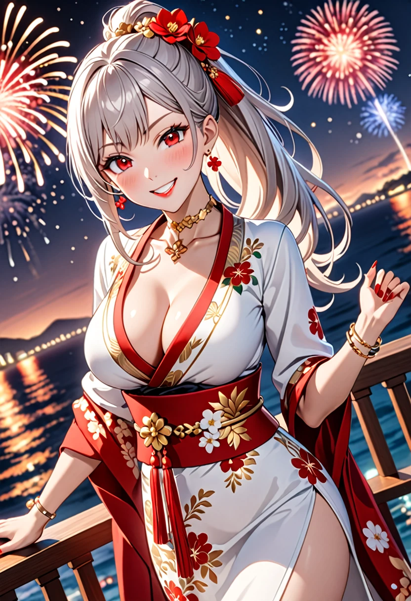 ((One personの女性)), Beautiful Face, (Laughing embarrassedly), (smirk:1.4), ((Wink:1.4)), (head tilt:1.3), Laugh with your mouth wide open, upper teeth, looking at viewer, (Doing  poses), ((Bright red cheeks:1.4)), Glossy Red Lips, night,Terrace with sea view, firework, Glossy red lips, Shining Face, ((Anime style background)),masterpiece, Highest quality, so beautiful,up to date, Complex details, (long nails of red color), (nail art), (ring),(bracelet),(Floral choker),AI-generated, Complex,High resolution, Highest quality, super high quality,3D Images、3D Images,One person,Long white hair,High Ponytail, Anime woman posing for a photo, (blue eyes:1.2), ((Fine grain、Light silvery white eyes、Shining Eyes:1.3)), (Squint your eyes:1.1),a hyperRealistic , hyperRealistic , Realistic,Anime woman with long white hair, Smooth anime CG art, (A woman in a colorful kimono with gold embroidery), (Black long sleeve kimono),Red floral pattern,Long flower hair ornament,Earrings,Mature Body,(Big Breasts:1.2),Tall,Abdominal muscles,Tight waist, (face focus:1.2), (dutch angle:1.3),