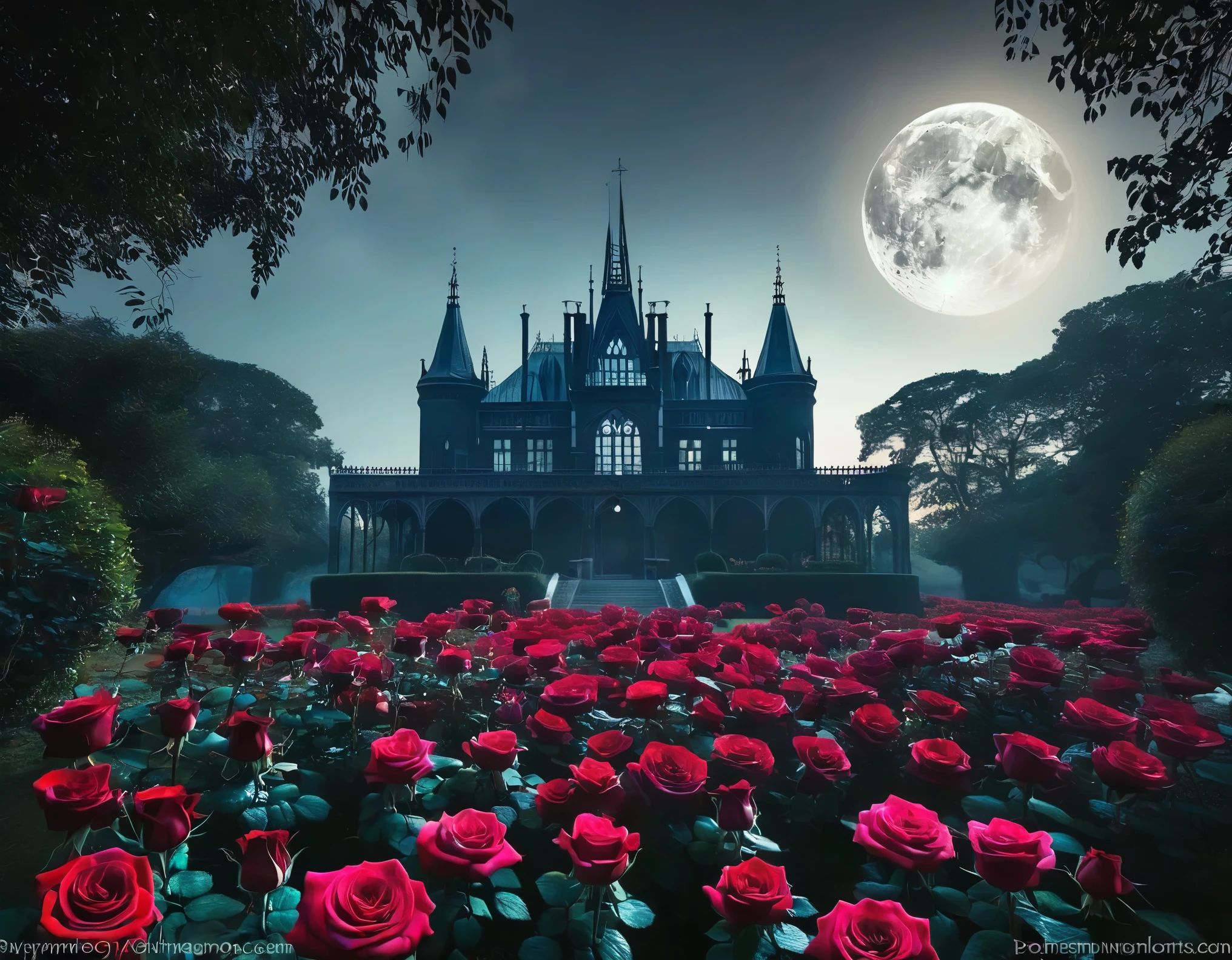 A gothic-inspired dream palace surrounded by a garden of dark roses and mysterious shadows. The moon casts an eerie light on the scene.