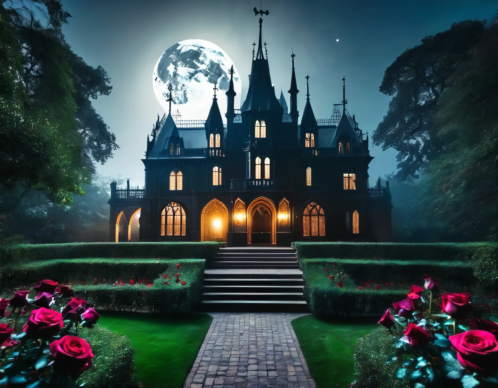 A gothic-inspired dream palace surrounded by a garden of dark roses and mysterious shadows. The moon casts an eerie light on the scene.