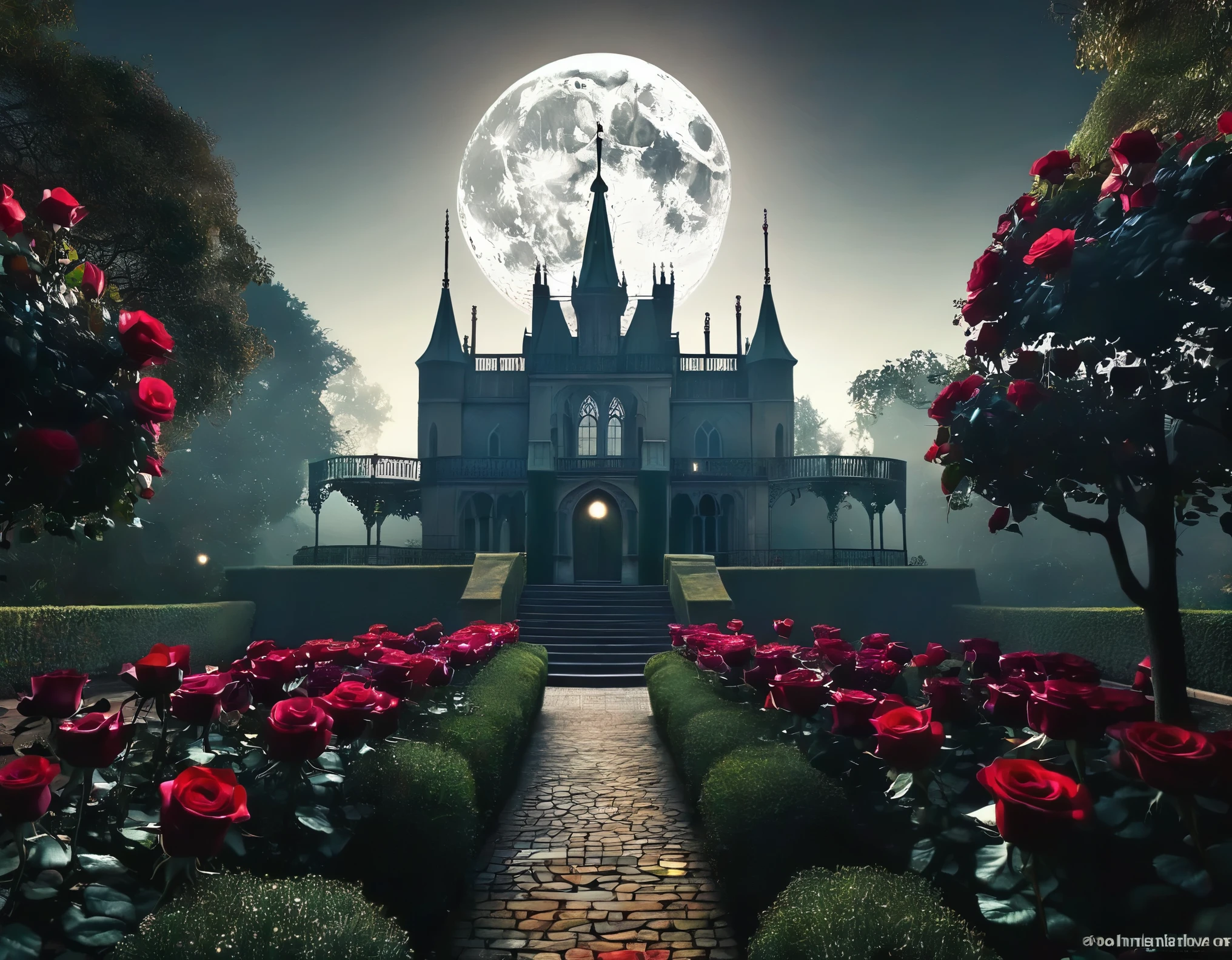 A gothic-inspired dream palace surrounded by a garden of dark roses and mysterious shadows. The moon casts an eerie light on the scene.