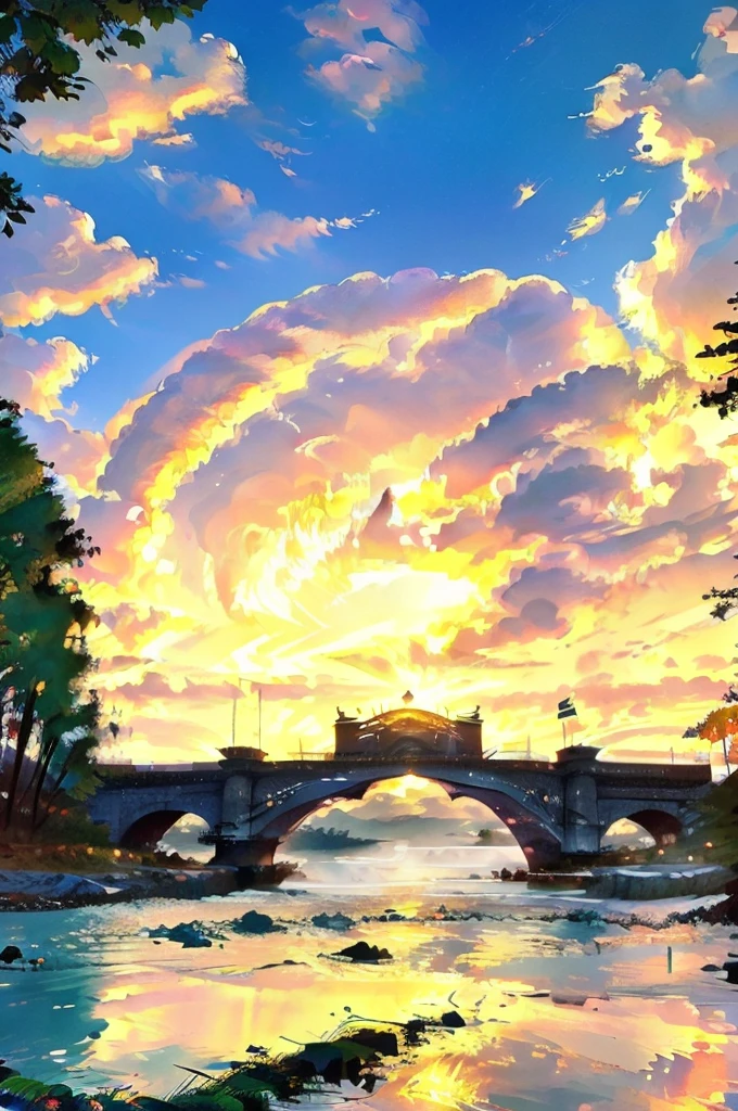 t sunrise in the morning, the stone arch bridge over the river is surrounded by lush green trees. The sun shines backlight from the bridge hole, casting a golden light in the bridge hole. There was a small fishing boat passing by in the middle of the bridge. There was only a male boatman in ancient costume on the boat fishing for fish with a net on the bow. The water reflects the light of dawn. Waves of morning mist rose from the water. HD photography, high resolution images --s 750 --v 6.0 --ar 3:4