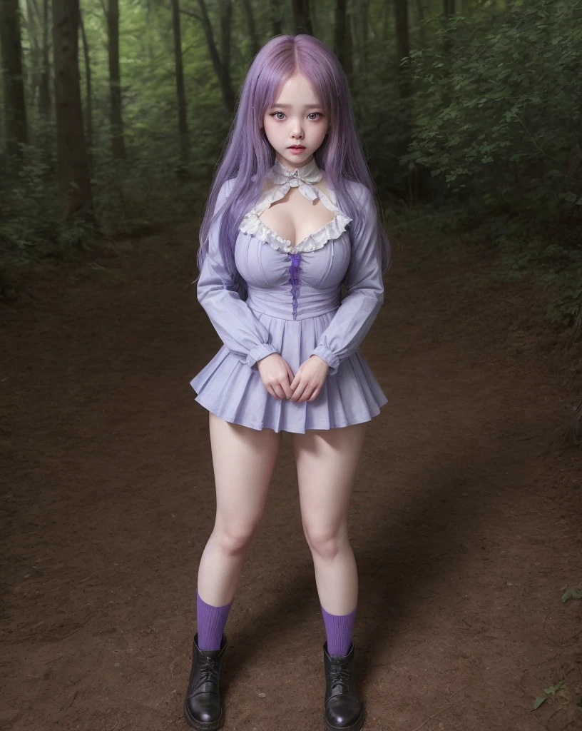 young girl, kim chaewon as a sexy young girl, full body view, fullbody, full body, kim chaewon is a girl, 1girl, forest background, kim chaewon, girl, small breast, figure, long blue hair, violet purple eyes, face front, tight pirate clothes, emotional face, make up, masterpiece, best quality,