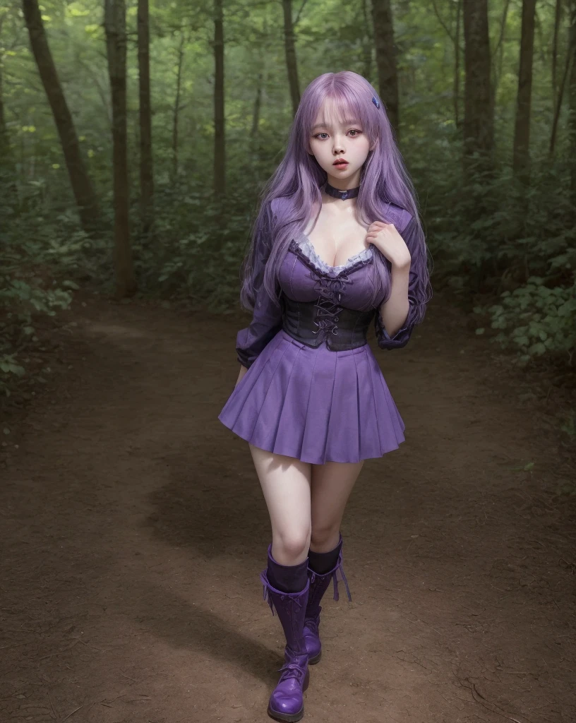 young girl, kim chaewon as a sexy young girl, full body view, fullbody, full body, kim chaewon is a girl, 1girl, forest background, kim chaewon, girl, small breast, figure, long blue hair, violet purple eyes, face front, tight pirate clothes, emotional face, make up, masterpiece, best quality,