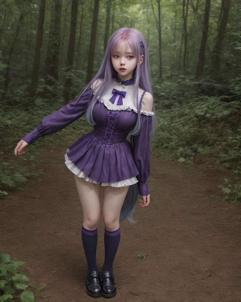 young girl, kim chaewon as a sexy young girl, full body view, fullbody, full body, kim chaewon is a girl, 1girl, forest background, kim chaewon, girl, small breast, figure, long blue hair, violet purple eyes, face front, tight pirate clothes, emotional face, make up, masterpiece, best quality,