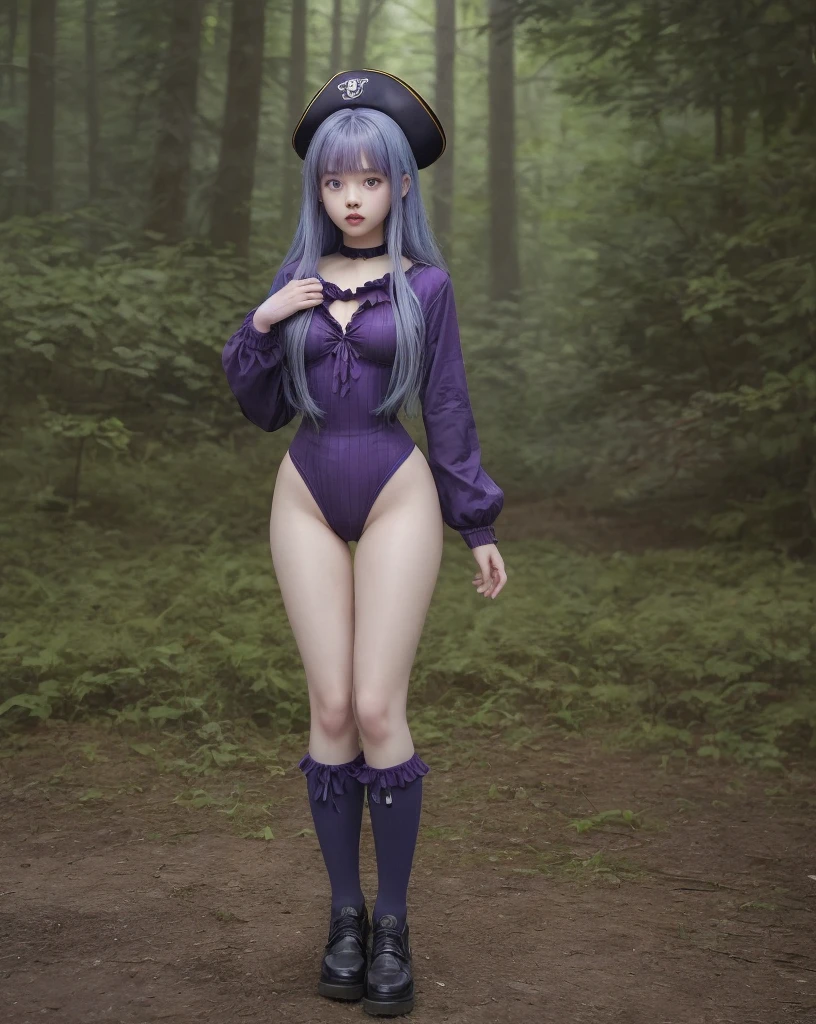 young girl, kim chaewon as a sexy young girl, full body view, fullbody, full body, kim chaewon is a girl, 1girl, forest background, kim chaewon, girl, small breast, figure, long blue hair, violet purple eyes, face front, tight pirate clothes, revealing clothes, clothes reveal nudity, emotional face, make up, masterpiece, best quality,