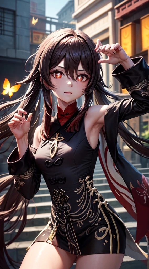 1 girl, masterpiece, best quality, extremly detailed, Cinematic lighting, intricate detail, highres, official art, finely detailed beautiful face and eyes, high resolution illustration, 8k, dark intense shadows, overexposure, brown hair, cowboy shot, looking at viewer, (detailed hand:1.2), ancient chinese city, fire, butterfly, red_butterfly, sexy pose, hu tao(genshin impact),boo tao,symbol shaped pupils, highly detailed fingers
