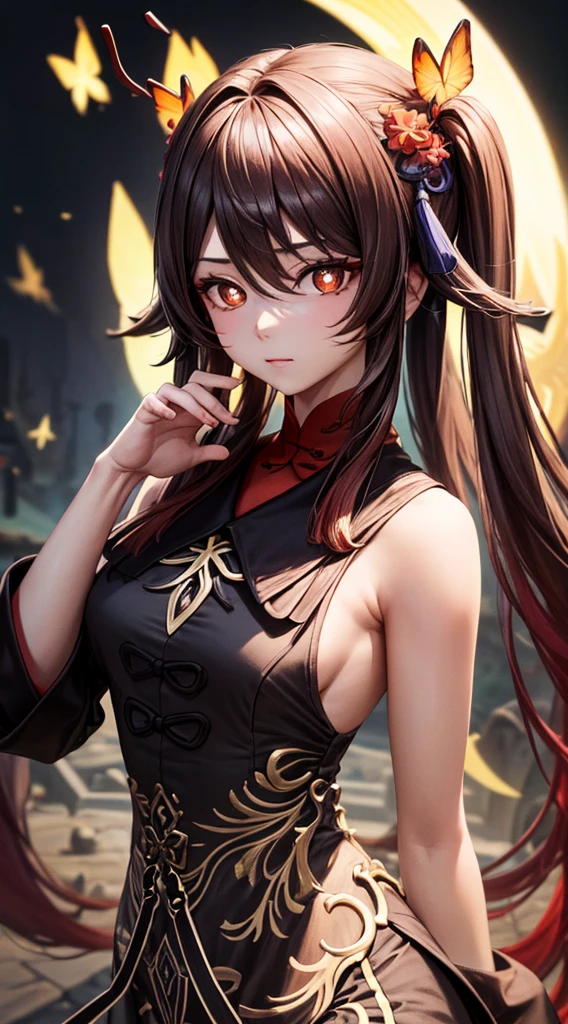 1 girl, masterpiece, best quality, extremly detailed, Cinematic lighting, intricate detail, highres, official art, finely detailed beautiful face and eyes, high resolution illustration, 8k, dark intense shadows, overexposure, brown hair, cowboy shot, looking at viewer, (detailed hand:1.2), ancient chinese city, fire, butterfly, red_butterfly, sexy pose, hu tao(genshin impact),boo tao,symbol shaped pupils, highly detailed fingers
