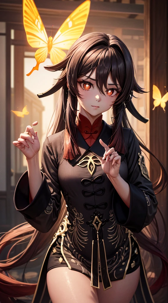 1 girl, masterpiece, best quality, extremly detailed, Cinematic lighting, intricate detail, highres, official art, finely detailed beautiful face and eyes, high resolution illustration, 8k, dark intense shadows, overexposure, brown hair, cowboy shot, looking at viewer, (detailed hand:1.2), ancient chinese city, fire, butterfly, red_butterfly, sexy pose, hu tao(genshin impact),boo tao,symbol shaped pupils, highly detailed fingers