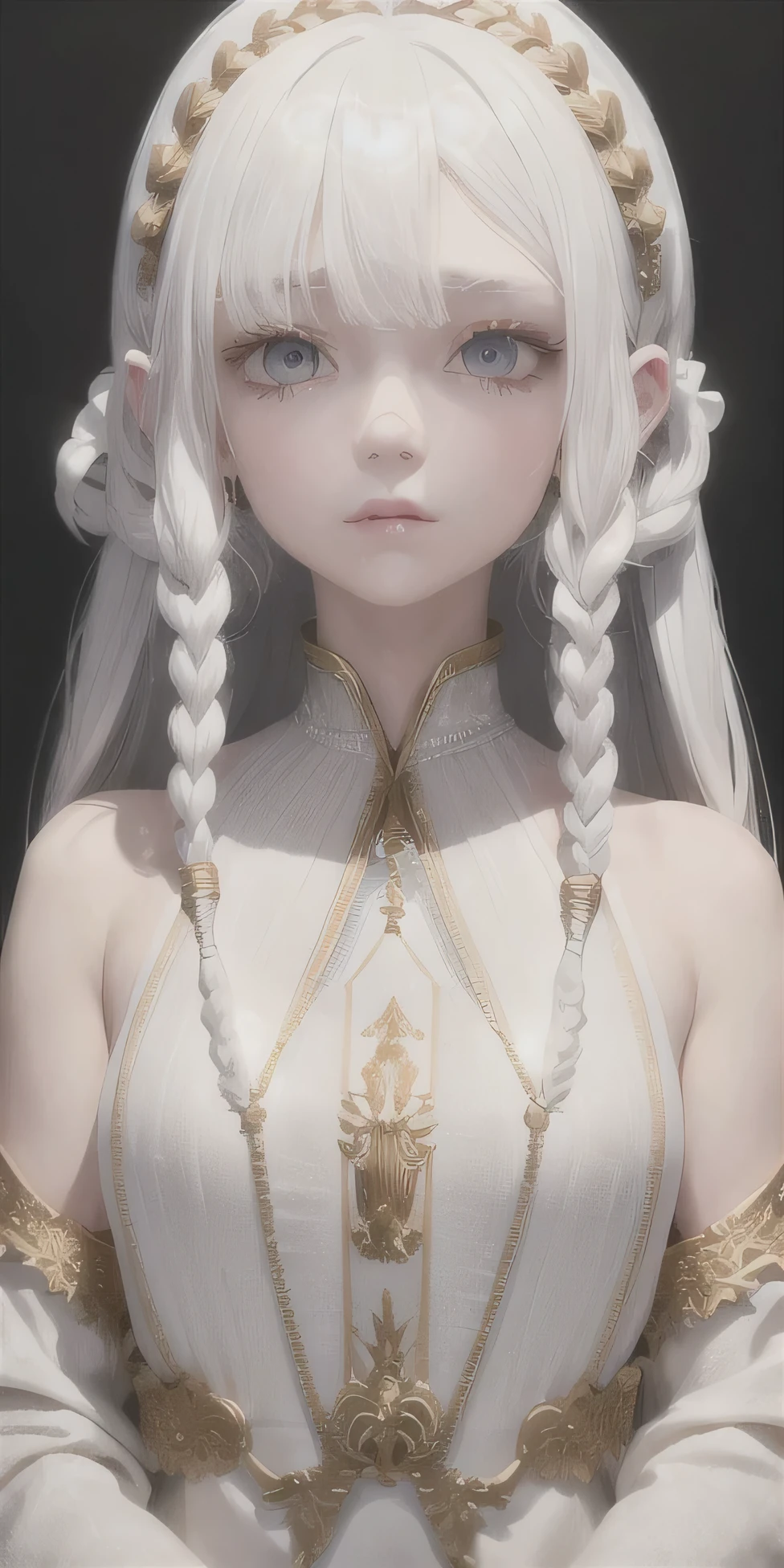 best quality, masterpiece,white hair, gold eyes,white clothes, looking up, upper body,hair strand,Fair skin,side braids