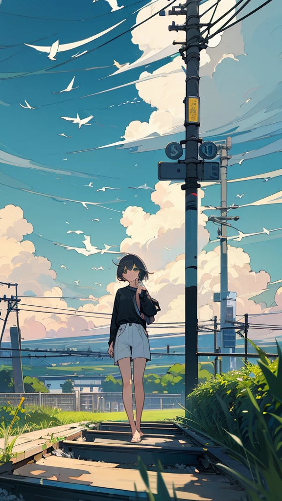 masterpiece, Exquisite detail,Highest quality,handrail, cloud,Power lines,View your viewers, Electric pole, bangs, cloudy zero, fish, bird, Green Eyes, Shorts, animal, Day, Black Shirt, barefoot,train,Railroad crossing,whale,ロングヘア