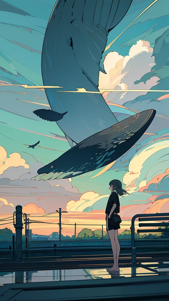 masterpiece, Exquisite detail,Highest quality,handrail, cloud,Power lines,View your viewers, Electric pole, bangs, cloudy zero, fish, bird, Green Eyes, Shorts, animal, Day, Black Shirt, barefoot,train,Railroad crossing,whale,ロングヘア
