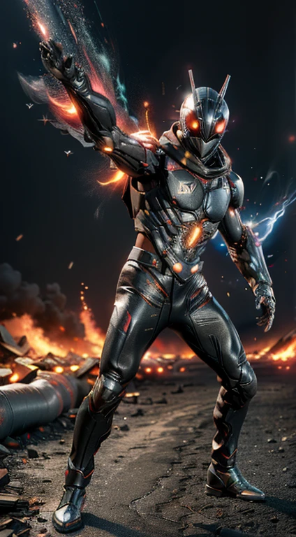 (kamen rider, (close up punch to viewer), full body detailed, detailed hands, good fingers, good hands, good legs, scarf, low hood, ruins, floating, explosion, debris, some fire and glitter background, ((black aura, white aura)), ultra hd, ultra realistic texture, (flare lens:1.2), (long shot:0.9)