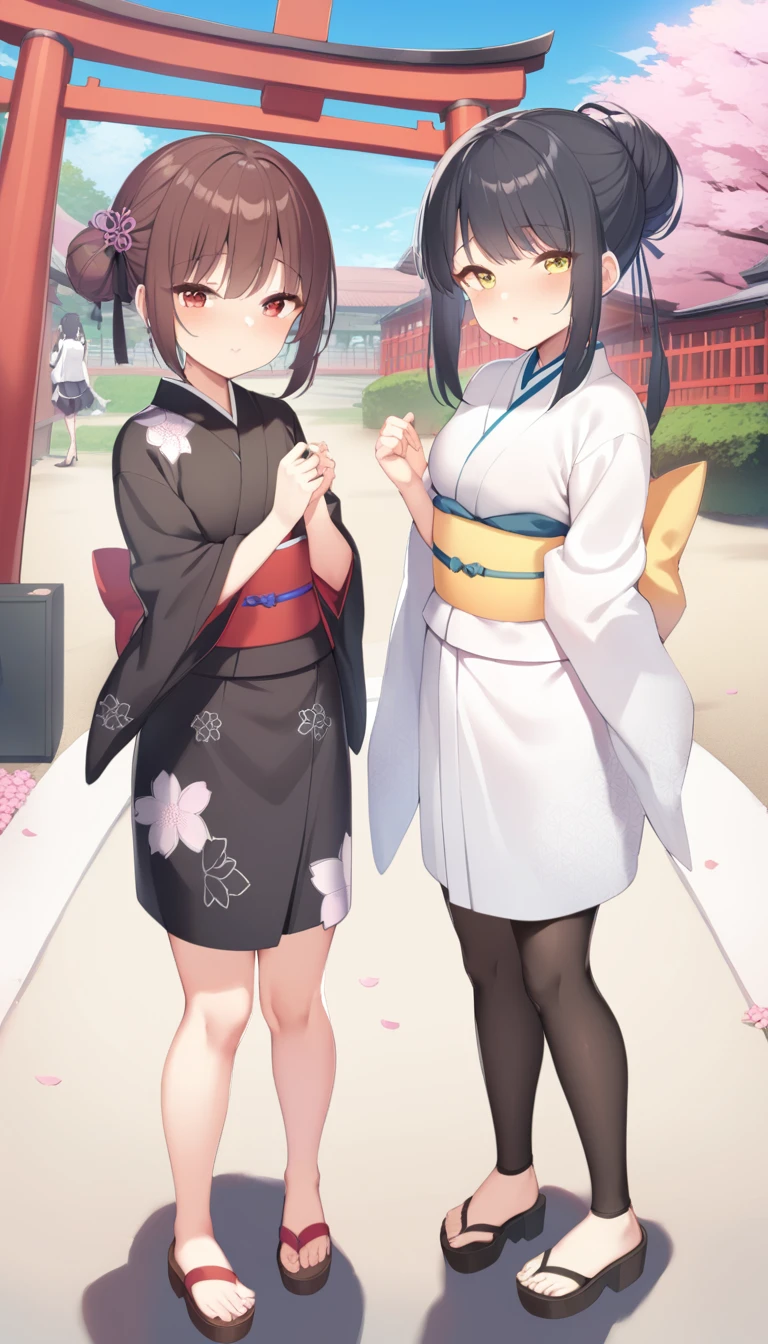((masterpiece,Highest quality)),Two Girls, black kimono, Black legwear, black ribbon, Black Hair, cherry blossoms, Day, flower, Hair Bun, hair ribbon, kimono, kimono, Long Hair, View your viewers, Recall, Multiple Girls, heart, Outdoor, Red eyes, Redhead, ribbon, Sandals, single Hair Bun, stage, Are standing, picture, torii, wood, white kimono, Yellow Eyes