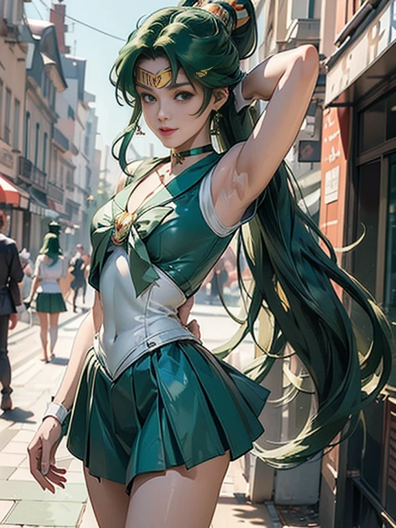 ((masterpiece:1.4)、(top-quality:1.4)、(reallistic:1.7))、masuter piece:1.4、a beauty girl、(sailormoon:1.4)、Sexy female combat suit sticking to body、(latex shiny)、(Outerwear cool white sleeveless sailor suit design)、(Green Sexy Super Ultra Ultra Mini Skirt)、(Wearing white gloves)、Kawaii Girl、Super beauty、foco nítido、Portrait photos、(Full body shooting:1.4)、beautiful countenance、beautidful eyes、Narrow waist、(green colored hair:1.4)、poneyTail、Raw photo、red-lips、Green High Heels:1.4、a choker:1.4、a necklace:1.4、耳Nipple Ring:1.4、1 screen display、Outdoor landscape