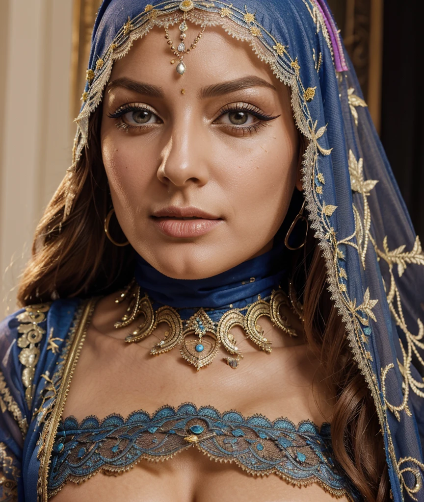 top-quality,Beautiful detailed hijabi,Bewitching face,swedish person model,long lashes,Wearing a colorful bellydancer,Hide your mouth with a lace cloth,Detailed details,Colossal tits,With cleavage,stares at the camera、versailles
