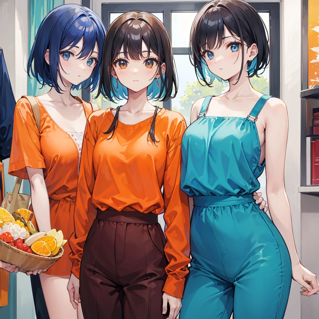 One in an orange blouse with a blue jumpsuit with short straight hair