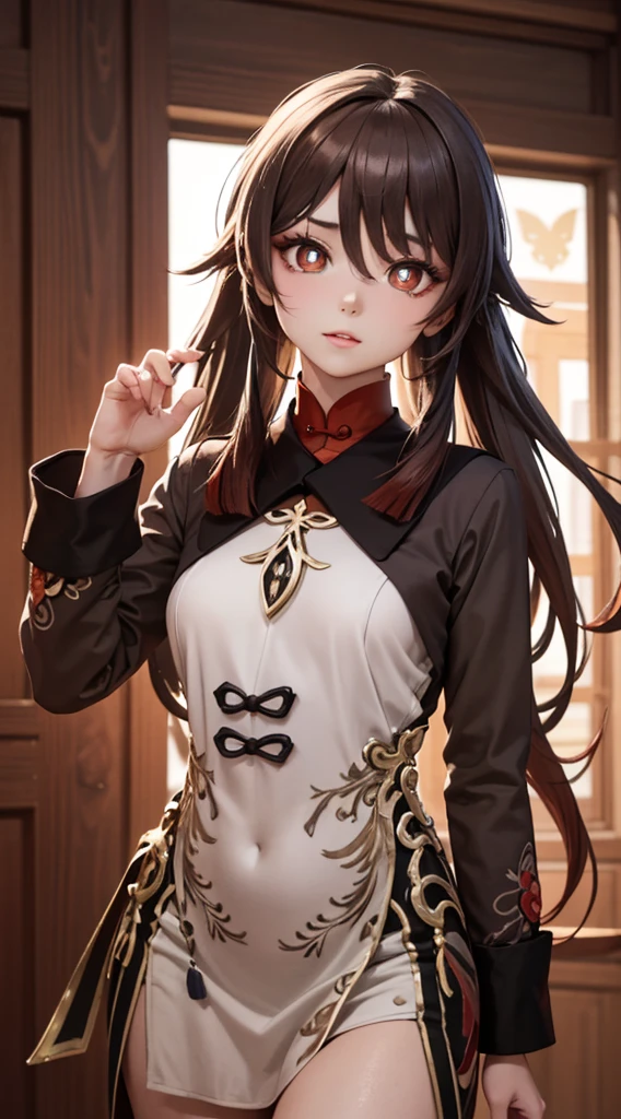 1 girl, masterpiece, best quality, extremly detailed, Cinematic lighting, intricate detail, highres, official art, finely detailed beautiful face and eyes, high resolution illustration, 8k, dark intense shadows, overexposure, brown hair, cowboy shot, looking at viewer, (detailed hand:1.2), ancient chinese city, fire, butterfly, red_butterfly, sexy pose, hu tao(genshin impact),boo tao,symbol shaped pupils, highly detailed fingers