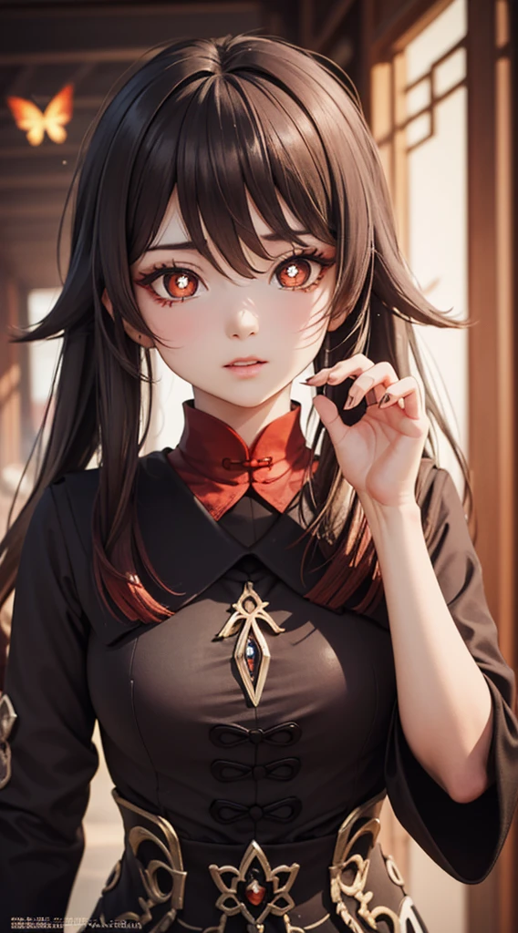 1 girl, masterpiece, best quality, extremly detailed, Cinematic lighting, intricate detail, highres, official art, finely detailed beautiful face and eyes, high resolution illustration, 8k, dark intense shadows, overexposure, brown hair, cowboy shot, looking at viewer, (detailed hand:1.2), ancient chinese city, fire, butterfly, red_butterfly, sexy pose, hu tao(genshin impact),boo tao,symbol shaped pupils, highly detailed fingers