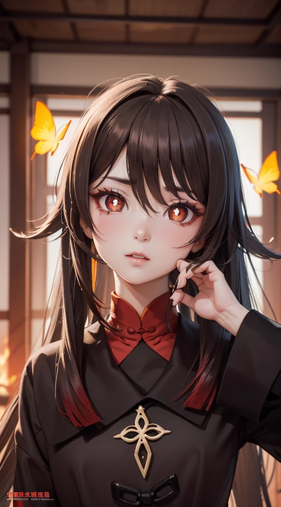 1 girl, masterpiece, best quality, extremly detailed, Cinematic lighting, intricate detail, highres, official art, finely detailed beautiful face and eyes, high resolution illustration, 8k, dark intense shadows, overexposure, brown hair, cowboy shot, looking at viewer, (detailed hand:1.2), ancient chinese city, fire, butterfly, red_butterfly, sexy pose, hu tao(genshin impact),boo tao,symbol shaped pupils, highly detailed fingers